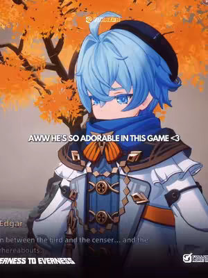 The image captures a light-skinned male character with light blue hair and striking blue eyes. The character is dressed in a detailed outfit featuring white, navy, and gold accents. He has a small black hat and a serious expression. In the background, there are blurred orange leaves, suggesting a fall setting. Overlay text declares 'AWW HE'S SO ADORABLE IN THIS GAME <3'.
