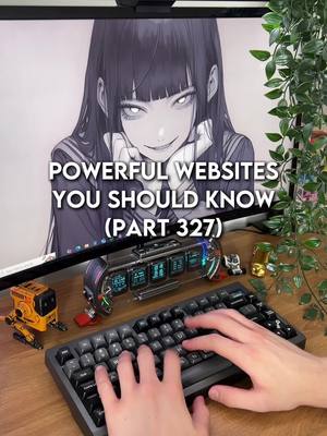 The cover image shows a desk with a mechanical keyboard in front of a computer monitor. The monitor displays an anime-style illustration of a girl. Text overlays the image stating, "POWERFUL WEBSITES YOU SHOULD KNOW (PART 327)". The scene has a tech-focused feel.