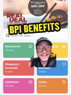 A cover image featuring a smiling man in glasses and cap in the center, framed within a mobile app interface. The interface displays several colorful boxes with text labels related to services like restaurants, shopping, and online deals. Above the man, text overlays read 'BPI BENEFITS' in a yellow and black design, and an advertisement for discounts with a restaurant group.
