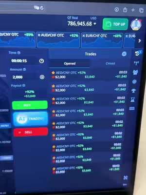 The image shows a dark screen with a trading interface. Charts, graphs, and numerical data are visible, along with buttons labeled "BUY", "AI TRADING", and "SELL". The interface has a blue and green color scheme. At the top, there is a real-time currency display. The overall composition indicates a focus on financial trading or investment.