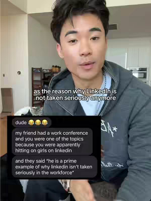 A selfie-style shot featuring a young man, with a casual setting blurred in the background. The man is positioned centrally, looking towards the camera. A text box is overlaid near the bottom, displaying a mock chat conversation. The man is wearing a hoodie and appears to be in an indoor setting, based on the lighting and background elements, which suggest a lived-in space with shelves.