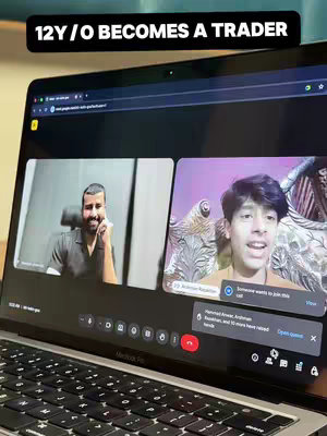 A laptop screen displays a video call with two participants. The overlay text reads "12Y/O BECOMES A TRADER." One participant has the other in a grey top. A young man is on the right, showing a conversation overlay at the bottom of the screen.