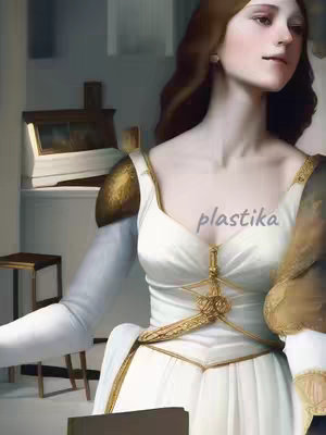 An AI-generated image featuring a woman in a white gown with gold accents. She has long brown hair and is looking slightly to the side. The image has a classical painting style. The text overlay, 'plastika,' suggests an artistic or AI-generated origin.