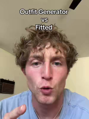 A selfie-style video featuring a young man with curly hair, looking directly at the camera with his mouth open. Above his head is a text overlay that reads 'Outfit Generator vs Fitted'. The background is a softly lit room.