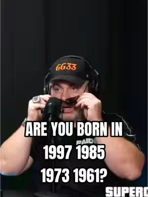 A man with a beard and a black hat that says 'GG33' is holding up sunglasses to his face. Text overlays ask 'ARE YOU BORN IN 1997, 1985, 1973, or 1961?'. The background is a dark studio setting.