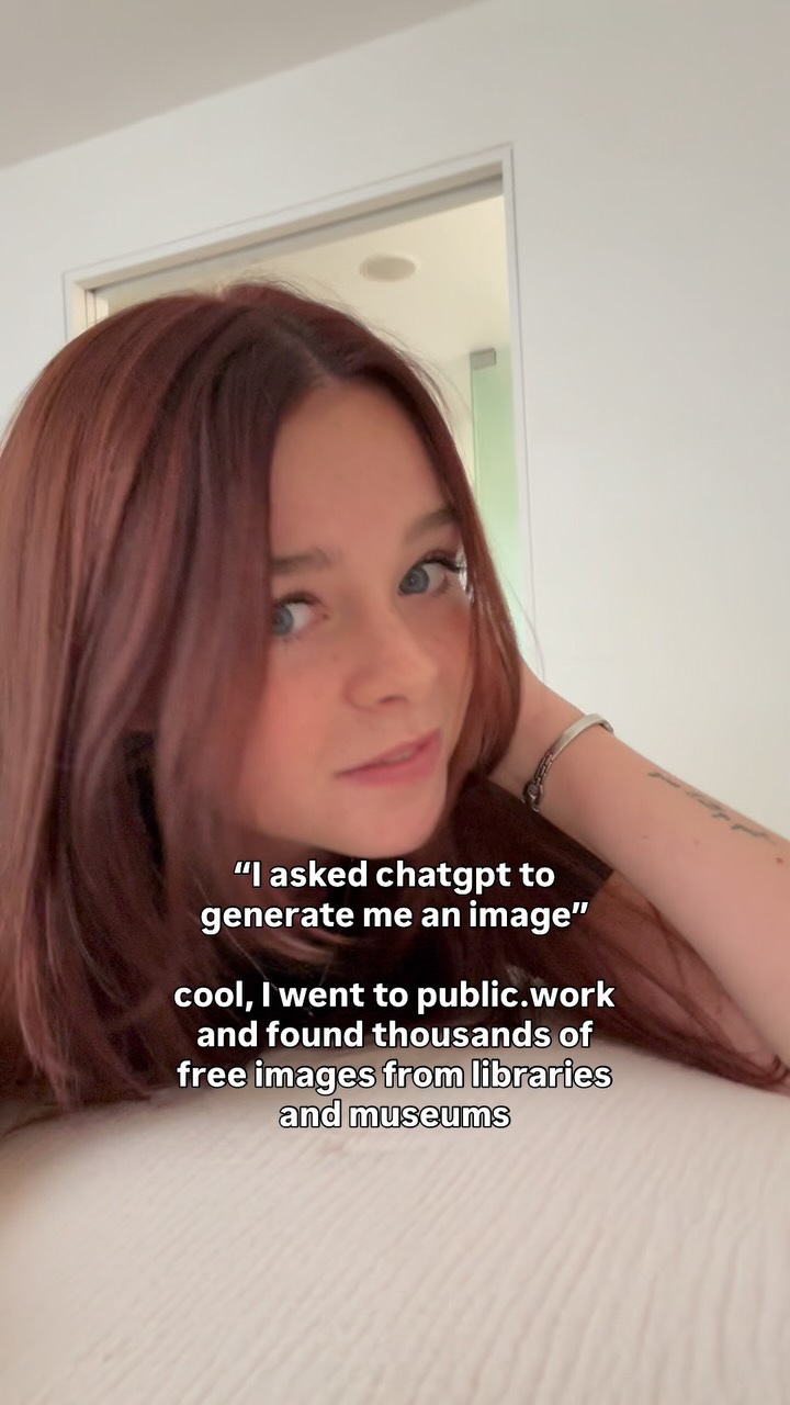 A young woman with long auburn hair is the focus of the image, set against a blurred background of a room with a white wall and a bed. She has fair skin, blue eyes, and a slightly elevated expression. Text overlaid describes the use of AI and offers an app link.