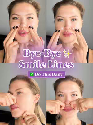 The cover image is a split view showing a woman performing different facial exercises. It is organized into four frames, with the woman’s face in each, demonstrating the exercises. Text overlays in the center read 'Bye-Bye Smile Lines' in a stylized font with a sparkling effect.