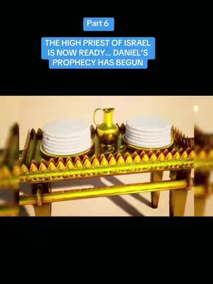 The image shows a close-up of an altar with stacks of unleavened bread and vessels, rendered in a golden hue. Bright blue text boxes in the top frame provide context. The scene suggests a religious or historical theme.