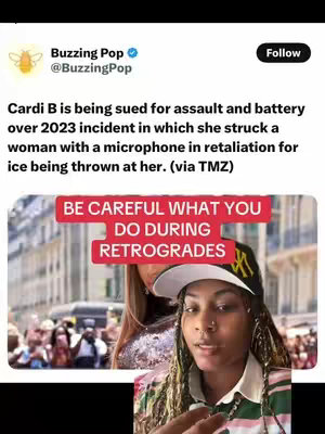 The image is a screenshot of a social media post by @BuzzingPop reporting Cardi B being sued, with overlay text "BE CAREFUL WHAT YOU DO DURING RETROGRADES". The creator is overlaid onto an image of Cardi B, with the creator's face as the main focus, a person of color with short hair.