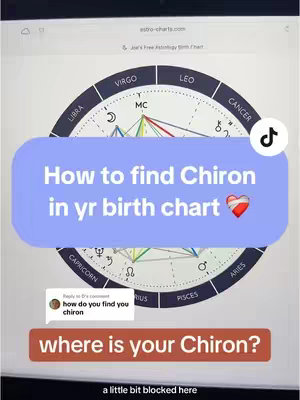The cover image is a screen recording showing a birth chart wheel from astro-charts.com, with text overlays. A light blue bar provides the main text, "How to find Chiron in yr birth chart", alongside with a heart icon. Smaller text and elements include an icon, a comment box from a user, and another text on the screen.