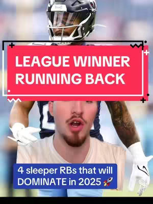 The cover image is a vertical composition featuring two primary elements overlayed in a multi-layered format. The background is a blurred image of a football player in action, predominantly in tones of blue and white. Overlaid on this is a series of colored rectangular text boxes with outlines; the top one is red and contains white text that reads "LEAGUE WINNER RUNNING BACK." Below it is a smaller blue text box that also features white text. The lower portion of the image shows a person, likely the creator. This individual is a young man, positioned to look towards the viewer, with a focused expression. The color palette consists of red, white, blue, setting a dynamic and attention-grabbing tone, appropriate for the video's sports theme.