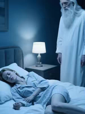 An image of a woman lying in bed, apparently asleep, while a figure of a man with white hair and beard stands at the foot of the bed.