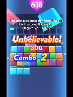 The image is a vertical screenshot of a mobile game interface. A vibrant blue gradient forms the background. Several game elements are displayed: a score indicator in a pink heart-shaped graphic, a text overlay in white reading a challenge and offering a reward, and the word "Unbelievable!" In a striking orange and yellow block style, followed by "Combo 2" in a similar design. The game board showcases various colorful blocks of different shapes, stacked on top of each other.