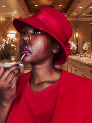 A woman in a red outfit, including a blazer and cloche hat, applying red lipstick in a well-lit bathroom with gold-toned decor.