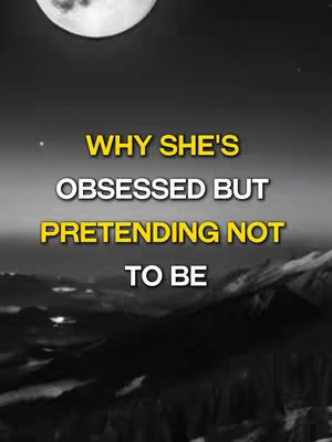 A vertical image featuring a night scene with a large, bright moon at the top, and a series of elevated landforms, possibly mountains or hills, in the bottom half. The sky transitions from dark to black with faint stars visible. The central element is a text overlay with the words 'WHY SHE'S' in a bright yellow font, followed by 'OBSESSED BUT' in white, and 'PRETENDING NOT TO BE' in yellow again. The text is centered, creating a strong focal point against the subdued natural backdrop.