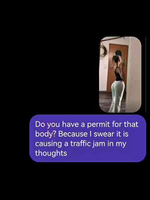 The image shows a woman in light green pants and a black top, taking a mirror selfie. She's standing with her back to the camera, reflecting in the mirror. A text bubble covers some image space. The background is a room with a door visible.