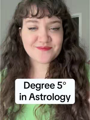 A woman with long, wavy brown hair smiles, with a text overlay that has the text "Degree 5° in Astrology".