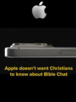 The cover image has a black background with the Apple logo at the top center. Below the logo, there is a side view of a silver iPhone with a triple-lens camera module. The text overlayed is in yellow and reads: "Apple doesn't want Christians to know about Bible Chat".