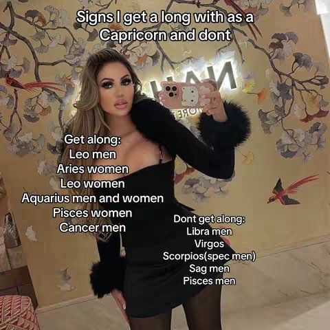 A vertically-oriented cover image featuring a woman in a black dress and a dark jacket with fluffy sleeves. The background consists of a floral pattern, and text overlays list astrological signs, categorized as those the subject 'gets along with' and 'doesn't get along with'.