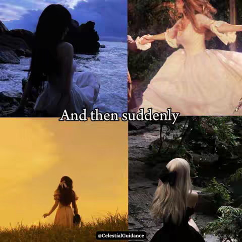 The cover image is a four-panel grid featuring aesthetic, dreamlike scenes with a focus on female figures. The top left shows a woman sitting on rocks near water, silhouetted against a dark, moody sky. The scene has cool blues and blacks, suggesting nighttime. The top right has a woman wearing a flowy white dress in a natural scene. The bottom left has a woman in a flowy dress in front of a warm, yellow/orange background, possibly a sunset. The bottom right shows another woman in a black dress. They all have a dreamy, fairytale aesthetic with a sense of movement and elegance. Overlayed in the middle is the text 'And then suddenly' written in an elegant font, and at the bottom there is a username.