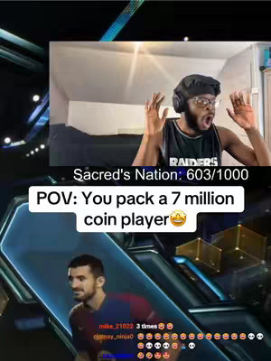 The image is a split-screen. The upper part is a webcam view of a man with glasses and a durag reacting in excitement. The lower part shows a player card from a soccer video game with an overlay of the text 'POV: You pack a 7 million coin player' and multiple emojis.