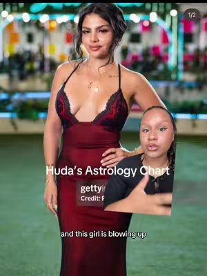 The image features a woman in a red dress with a plunging neckline, standing as the main subject. A smaller inset shows a face-on view of another woman, superimposed on the background. Both women appear to be the primary focus. The background is blurred and features green hues, with some lights visible. Text overlays in white and red further explain the content.