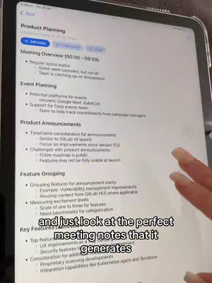 A close-up shot of a tablet screen displaying meeting notes. A hand with manicured nails is visible in the corner.