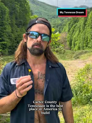 A man with long hair, sunglasses, and a black cap stands outdoors with a scenic green background. Text overlays include "My Tennesse Dream" and another with location details and a call to action.