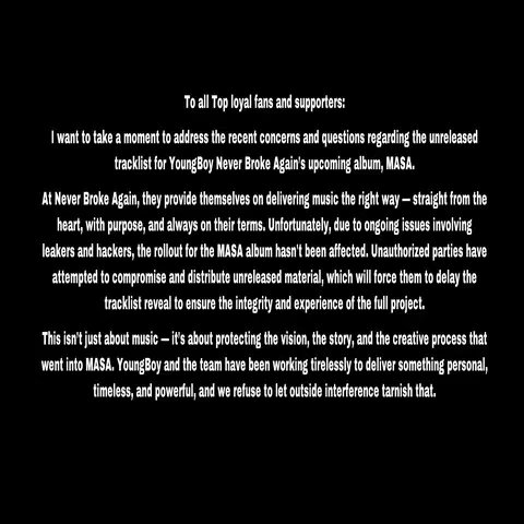 Text on a solid black background with white text. The text is laid out like a letter or announcement, with the main content in the center. Text blocks and is arranged for easy reading