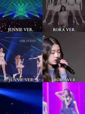 A collage-style image featuring a split screen. The top left shows a concert scene with green laser lights and the text 'JENNIE VER.' The top right displays a group of girls in white outfits with the text 'RORA VER.' The bottom left shows two girls in pink outfits with the text 'JENNIE VER.' and the word 'OBLIVION' lit up in blue. The bottom right features a girl singing into a microphone with the text 'RORA VER.'