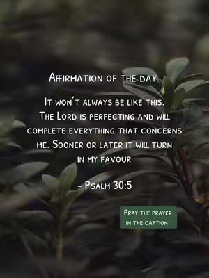 A vertical cover image with a dark, blurred background featuring green plant life. White text overlays describe an affirmation and its source. A small green rectangle reads "PRAY THE PRAYER IN THE CAPTION,"
