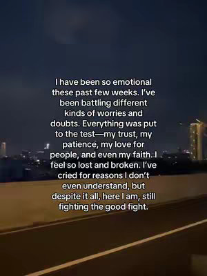 The cover image is a vertical shot with overlaid text. The backdrop appears to be an evening cityscape with lights and a road visible. The text is centered, using a white font that contrasts against the darker background. The overall composition is simple, focusing on the emotional message conveyed by the text.