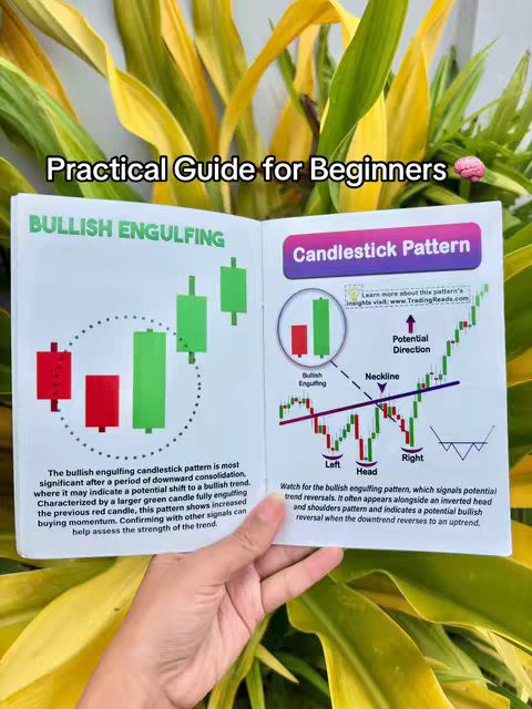 A person's hand holds a book open, displaying financial trading diagrams and explanations. The backdrop is filled with lush, green and yellow foliage, providing a natural, vibrant background.