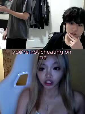 The image is split horizontally. The top half features a man in a black shirt with an earpiece, looking towards the right and touching his chin. To his left, a man in a gray shirt stands partially visible, gesturing with his hand. The bottom half shows a woman with long blonde hair, looking at the camera, with overlaid text 'you're not cheating on me'.