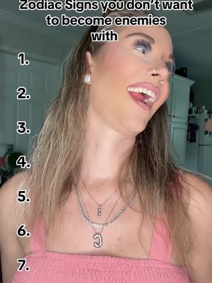 A woman with light blonde hair and makeup is angled towards the right, smiling. Text overlays list sequential numbers. The background is a light-colored room. The woman wears layered silver necklaces and a pink top.
