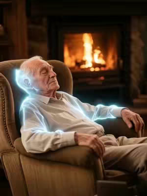An elderly man with closed eyes is sitting in a comfortable armchair with a glowing blue outline around his head and extending down his body. Behind him is a cozy fireplace with a warm fire.