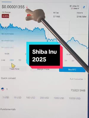 The image presents a smartphone screen displaying financial data and a graphic overlay. A chart with fluctuating lines indicating market trends dominates the background alongside numerical data regarding price changes, market capitalization, and trading volume. A cartoon hand with a pointer is in the foreground. In the center, a bright, multi-colored rectangle displays the text 'Shiba Inu 2025'. The overall composition suggests a financial or market prediction, focusing on the cryptocurrency Shiba Inu.