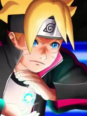 An image featuring a character from an anime. The character has spiky blond hair and is wearing a headband with a symbol. They have intense blue eyes and a determined expression. They are holding a glowing blue orb in their hands. The background is blurred and contains blue colors with a soft glow behind the character.
