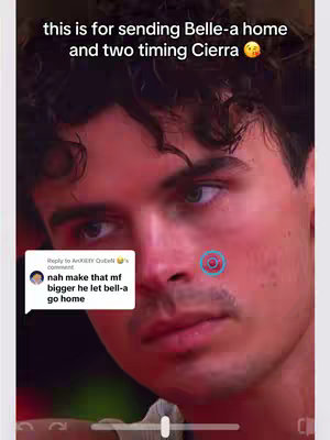 A close-up of a man's face; a red mark highlights a blemish on his cheek. Text overlays are added regarding a TV show plot.