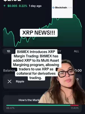 The video cover image shows a woman in front of a screen displaying a cryptocurrency trading chart and news, the image is set on a dark background. The top has a stock price which is green. There's a white rectangle labeled 'XRP NEWS!!!' in white at the top, below a chart of a wavy line indicating price fluctuations. Below that, overlaid is a screen capture detailing an announcement regarding XRP margin trading. The woman in the bottom right, wearing glasses, is looking toward the camera. The text details the introduction of XRP margin trading on BitMEX. The overall impression is informative and centered on crypto.