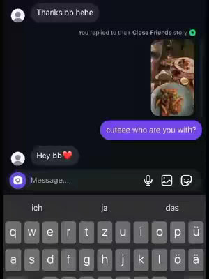 The image is a screenshot of a messaging app interface. It shows a conversation with text bubbles and a photo attachment. The background is a dark color, and the interface elements like the keyboard and message input field are visible at the bottom. The overall composition focuses on the text exchange, giving the impression of a personal conversation.