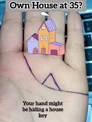 The image shows an open hand with lines drawn on it, resembling palmistry. A cartoon image of a house is floating above the hand. There's also text overlaid on the image.