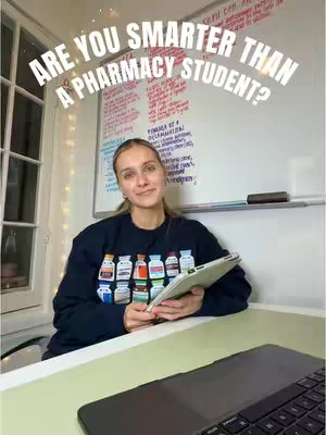 The cover photo shows a young woman in a dark blue sweater, holding a tablet and smiling directly at the camera. A whiteboard with notes is behind her. The words "ARE YOU SMARTER THAN A PHARMACY STUDENT?" are in the top of the image.