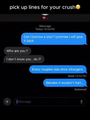A screenshot of a black iPhone displaying a mock iMessage conversation. The top of the screen shows the title "pick up lines for your crush" and an emoji. The conversation displays multiple blue message bubbles with pick-up lines and gray bubbles. The layout centers around the text messages, with the messaging app's interface clearly visible.