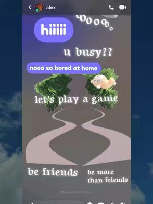 A screenshot of a text message conversation with superimposed text and illustrations.  The background is a gradient, likely purple to gray.  At the top are circular conversation bubbles and a profile icon.  Several text bubbles appear.  Additional illustrations include stylized tree clusters and a cartoon animal.  The bottom part of the image has two roads and text underneath. The overall style is playful and digital.