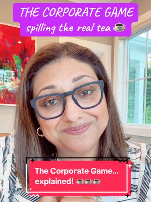 The cover image features a woman with dark hair and glasses, smiling slightly towards the camera. Text overlays indicate the video's subject matter: "THE CORPORATE GAME" and "spilling the real tea", placed above her head in a purple banner. Another text overlay at the bottom says, "The Corporate Game... explained!". The background appears to be a home setting, and the layout is typical of a social media video cover.