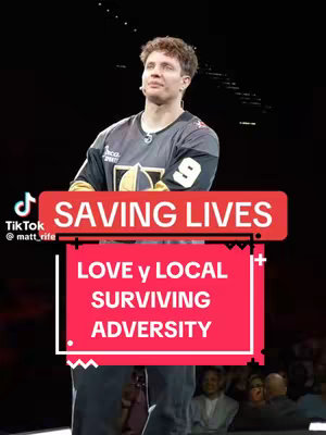 A man in a jersey stands on a stage, looking up with a slightly open mouth. Behind him is a dark backdrop. Overlaid at the top is a red bar with white text "SAVING LIVES". Beneath this is a larger red box with white text that reads "LOVE y LOCAL SURVIVING ADVERSITY". The TikTok logo is in the bottom left corner.