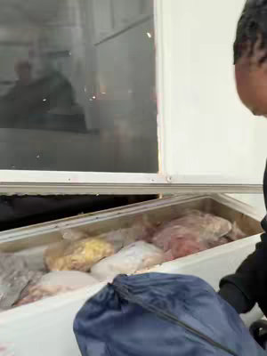 The cover image shows a person partially visible on the right side of the frame, next to a freezer filled with what appears to be packaged meats. The freezer is open, and inside are various packages of meat. The upper part of the image reveals a window reflecting the environment outside. The color palette is dominated by white and shades of the meat's packaging and contents.