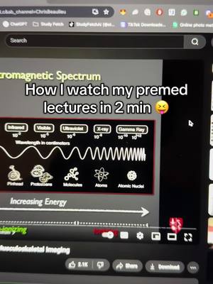 The image shows a laptop screen displaying a video of an electromagnetic spectrum diagram. The video title is 'How I watch my premed lectures in 2 min'. There is text overlaying the image.