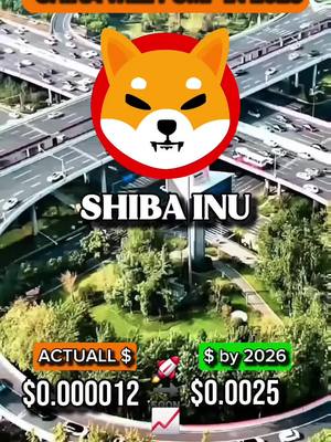The image showcases an aerial view of a city highway with a Shib Inu cryptocurrency logo overlayed. Below, text highlights the current and projected value of shiba inu.